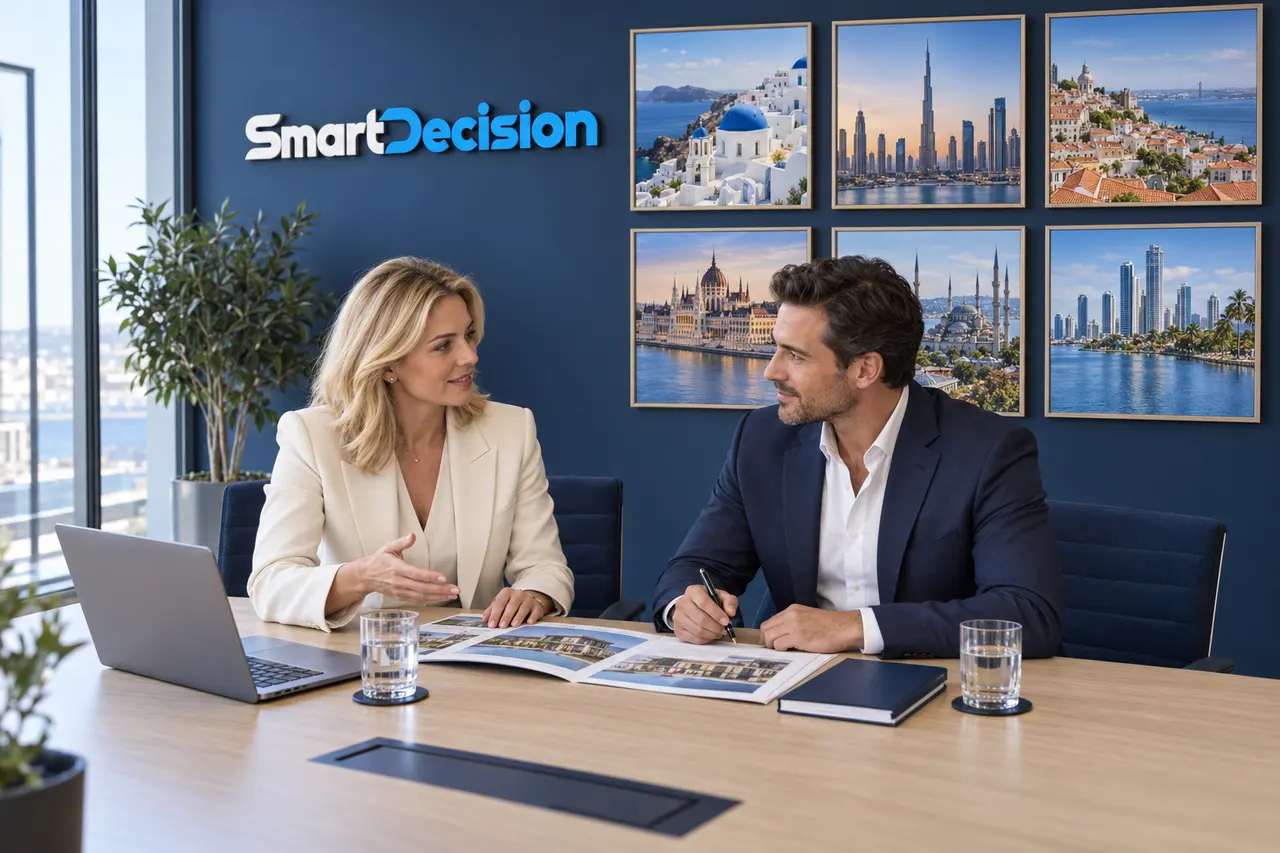 A SmartDecision consultant going through a project brochure with a buyer in the office