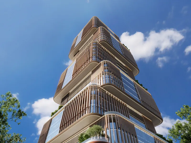 The tower from below showing the stacked and offset volumes