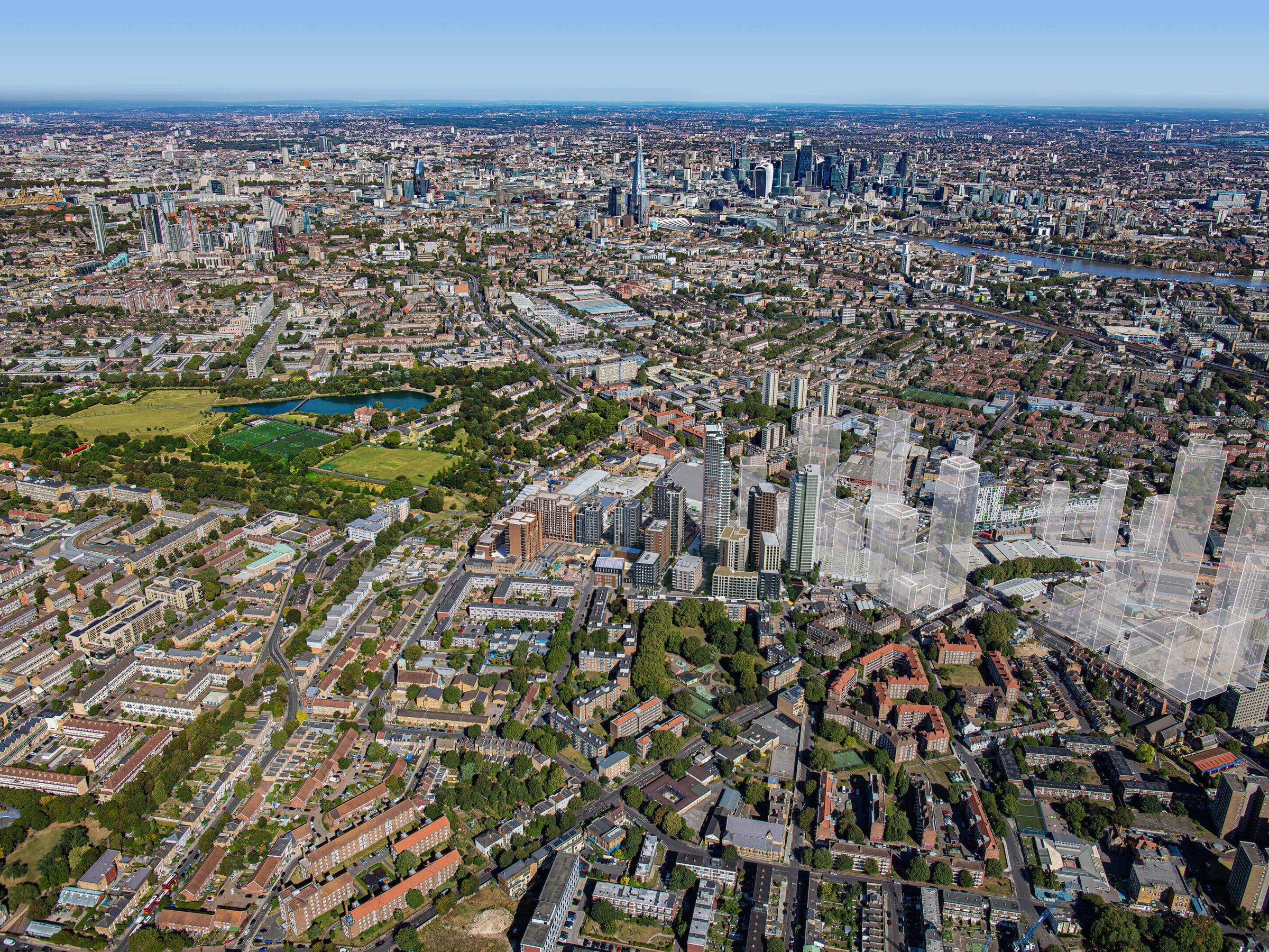 An aerial view over the area towards the city
