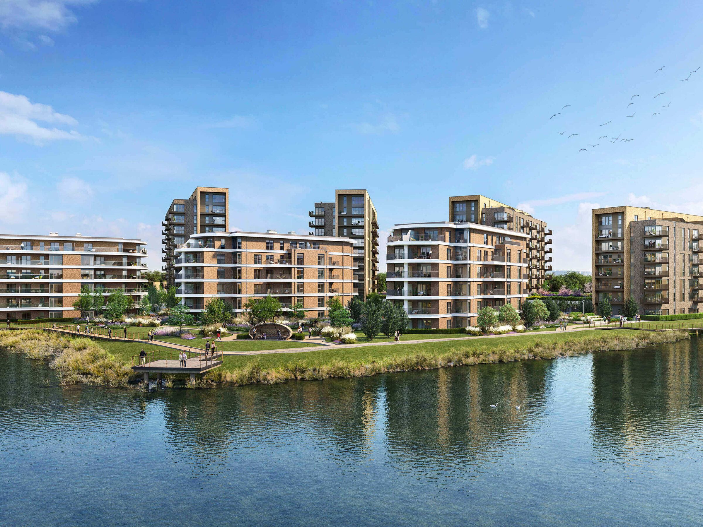 The buildings seen across the lake