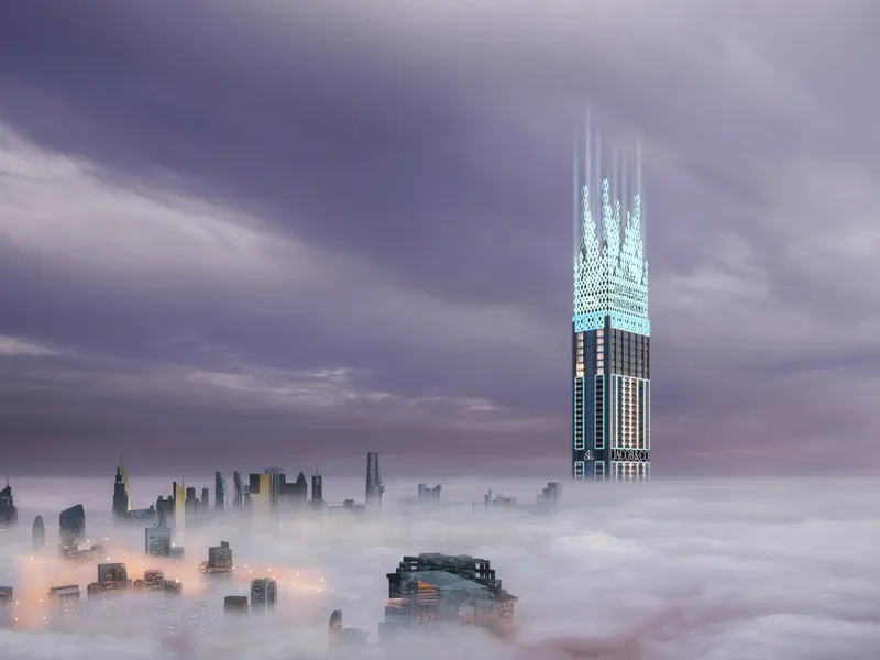 The tower above the fog with the skyline beside it