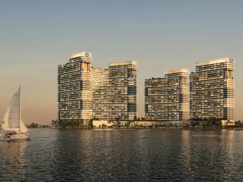 The two towers seen from the water at dusk