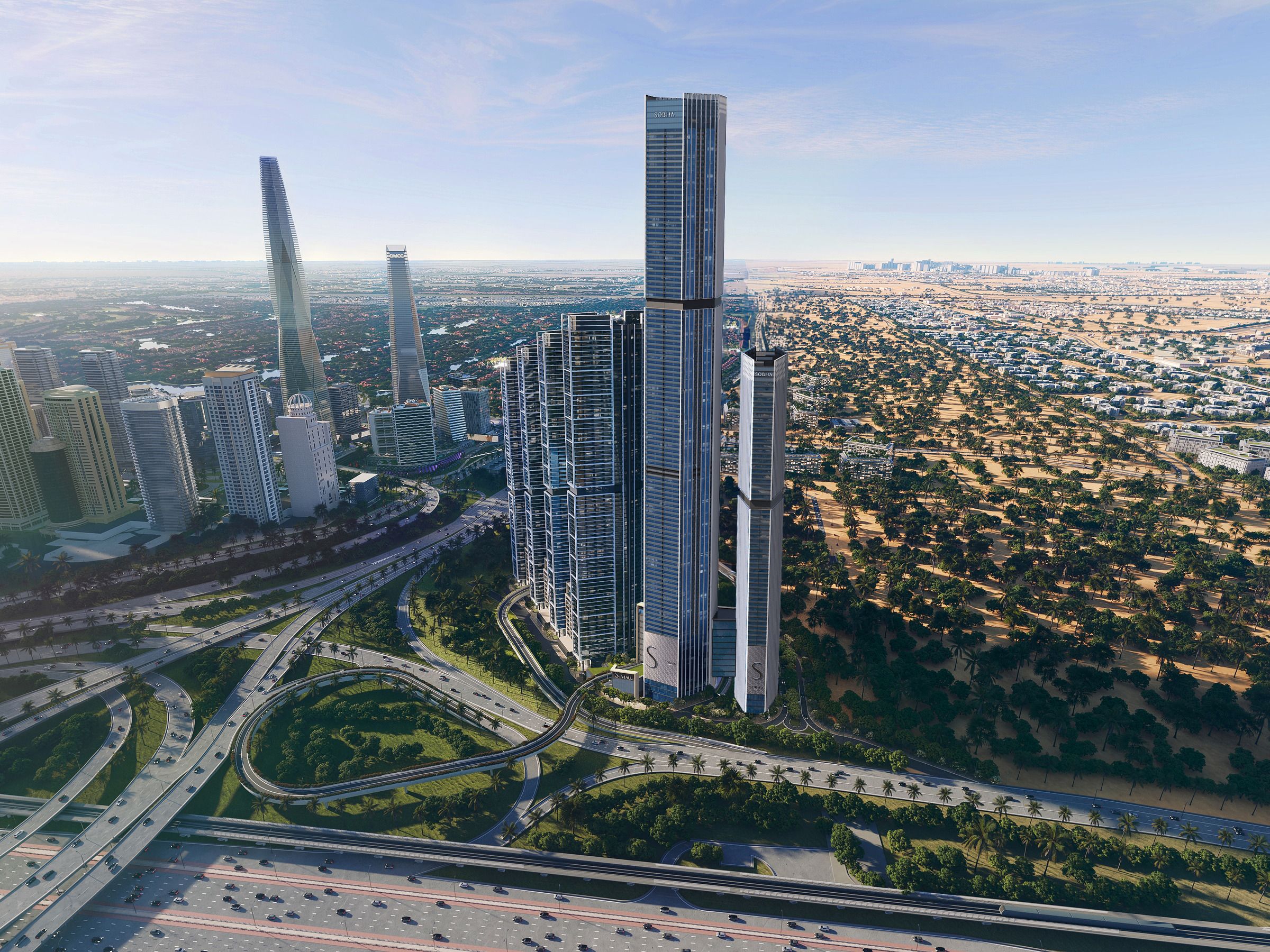 Aerial view of the towers above the interchange and the city