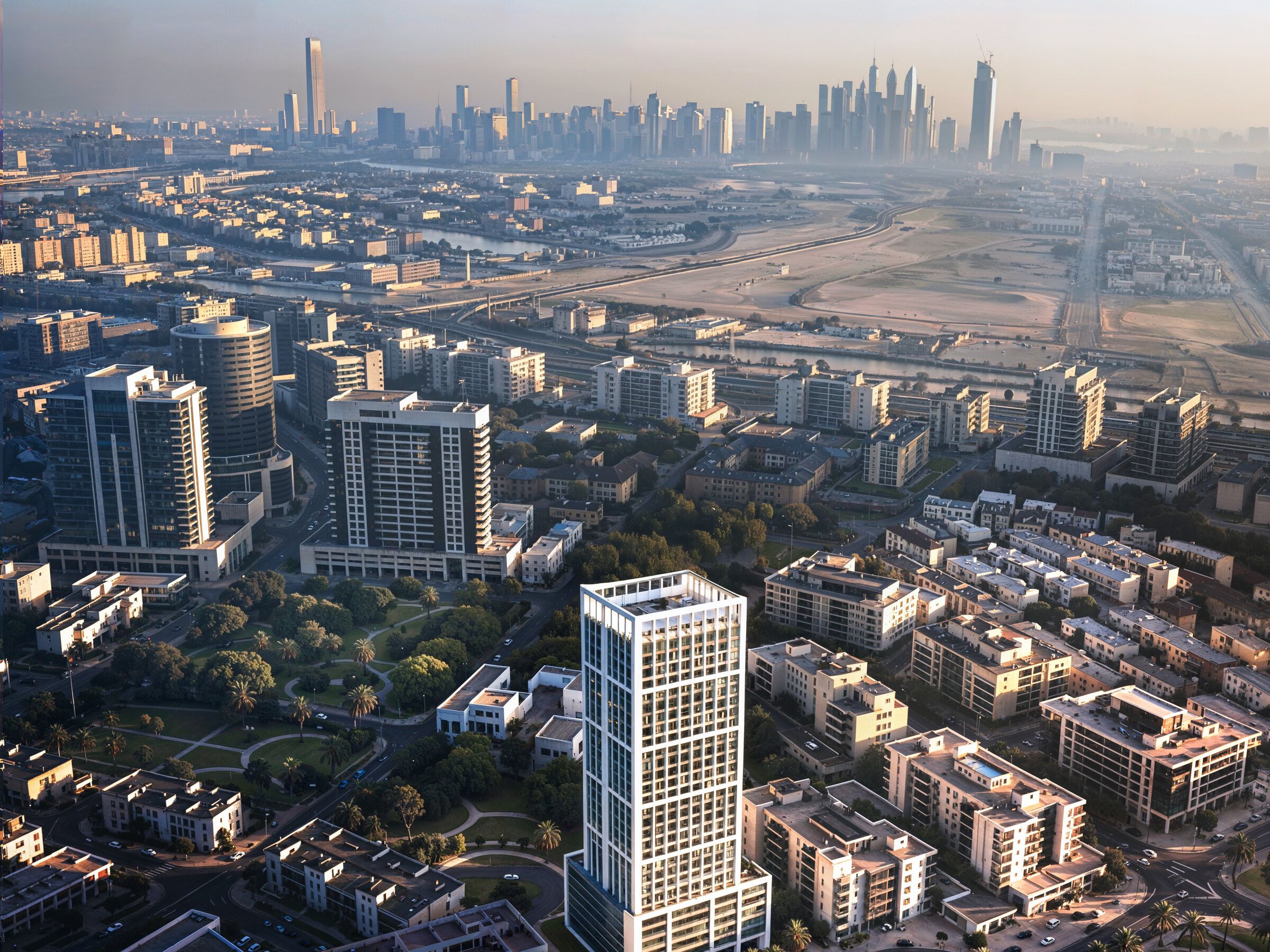 The tower seen from the air with the skyline behind it