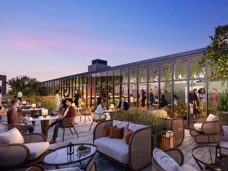 The rooftop terrace and restaurant looking over the city