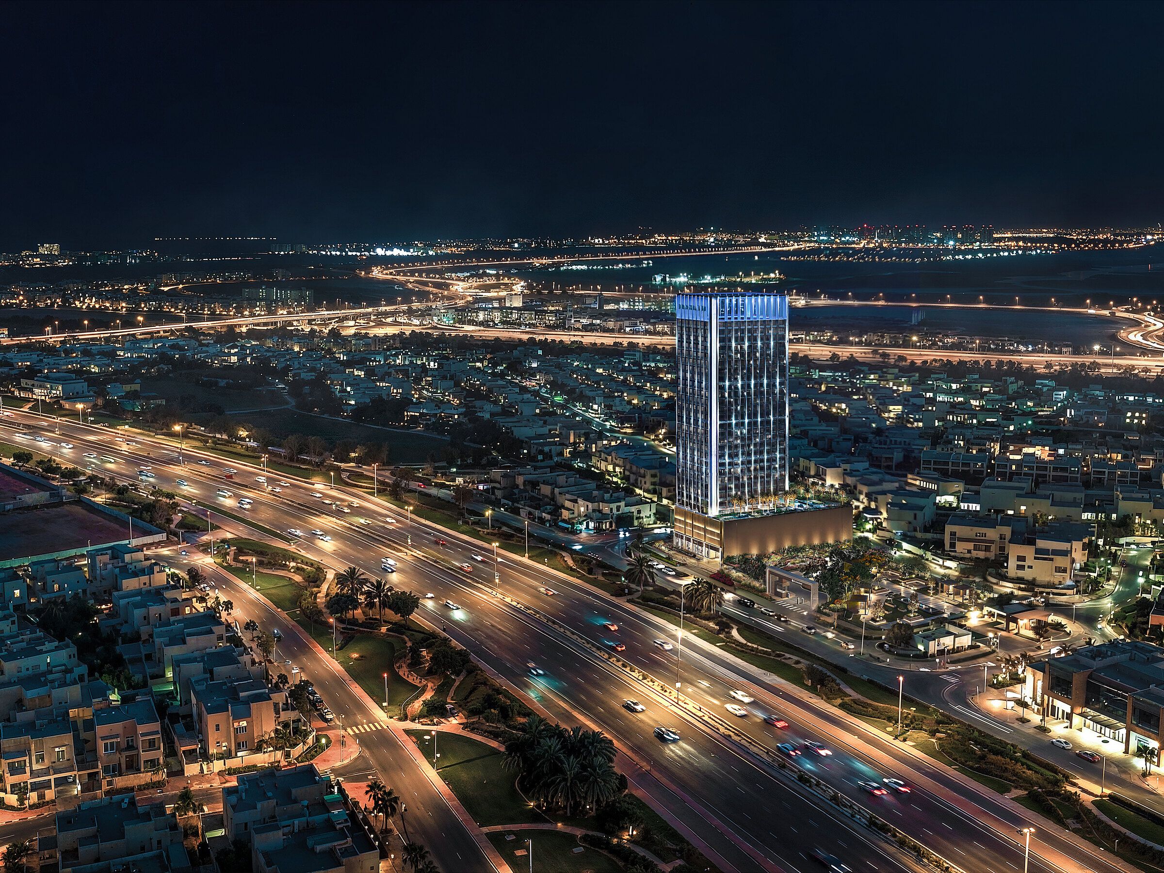 The district seen from the air at night