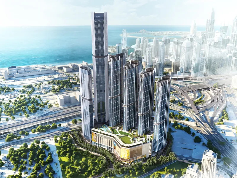 Aerial view of the towers with the sea and the marina behind