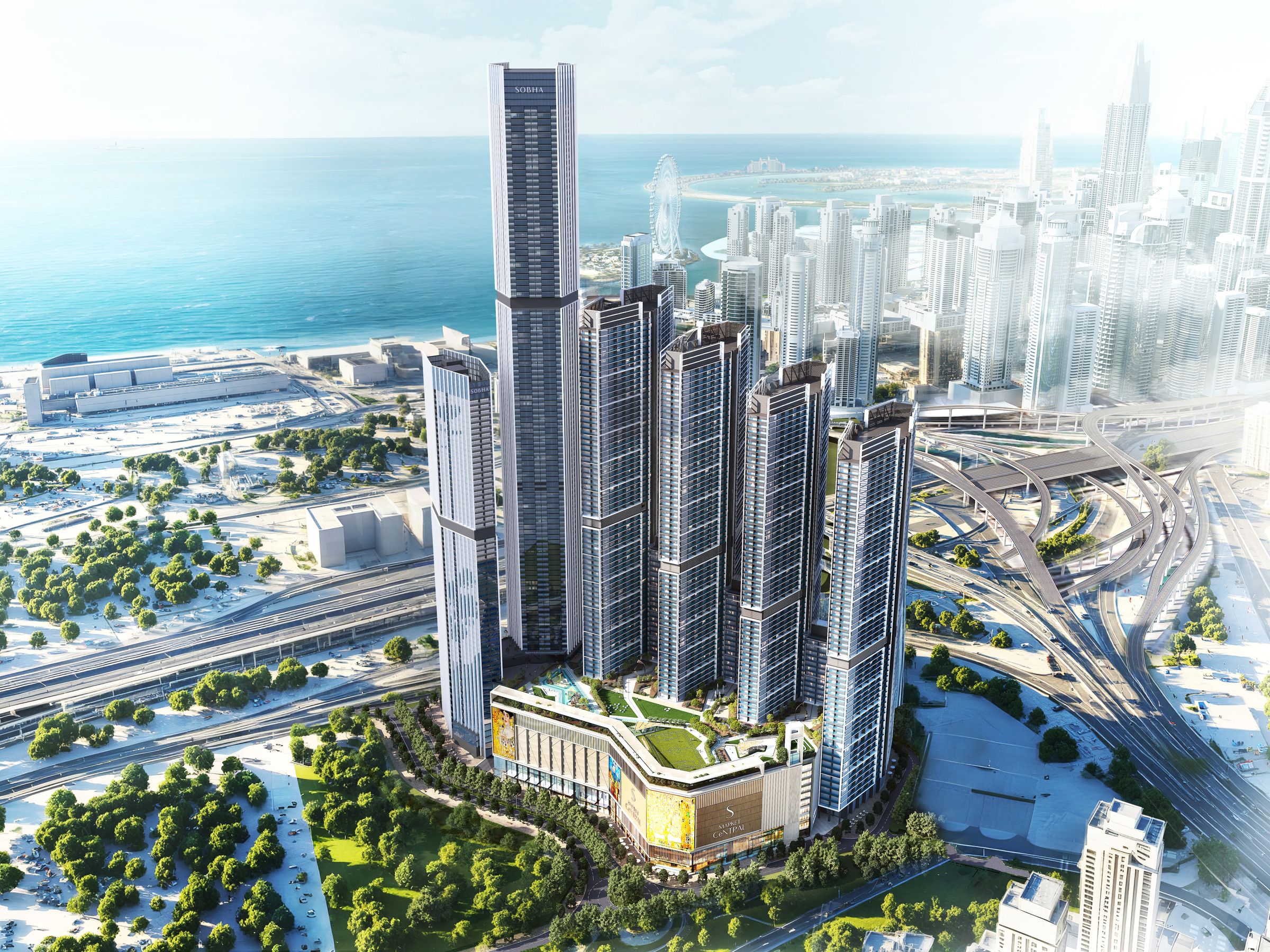 Aerial view of the towers with the sea and the marina behind