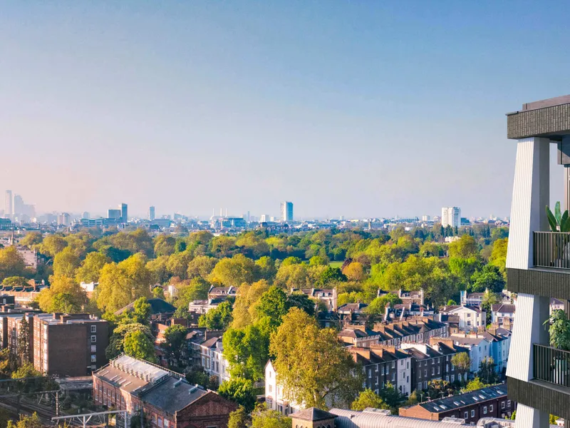 The view from a balcony over the rooftops and the park