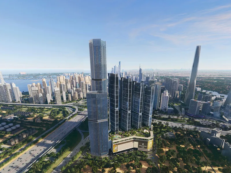 The towers seen from the air with the sea and the marina behind