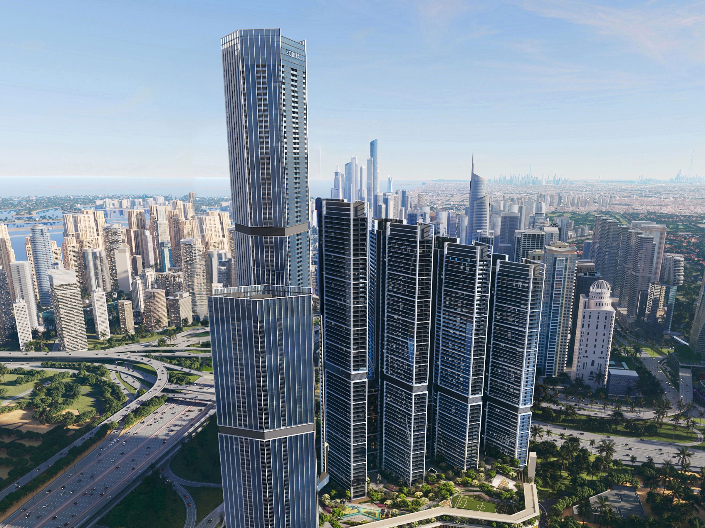 The towers seen from the air above the highway interchange