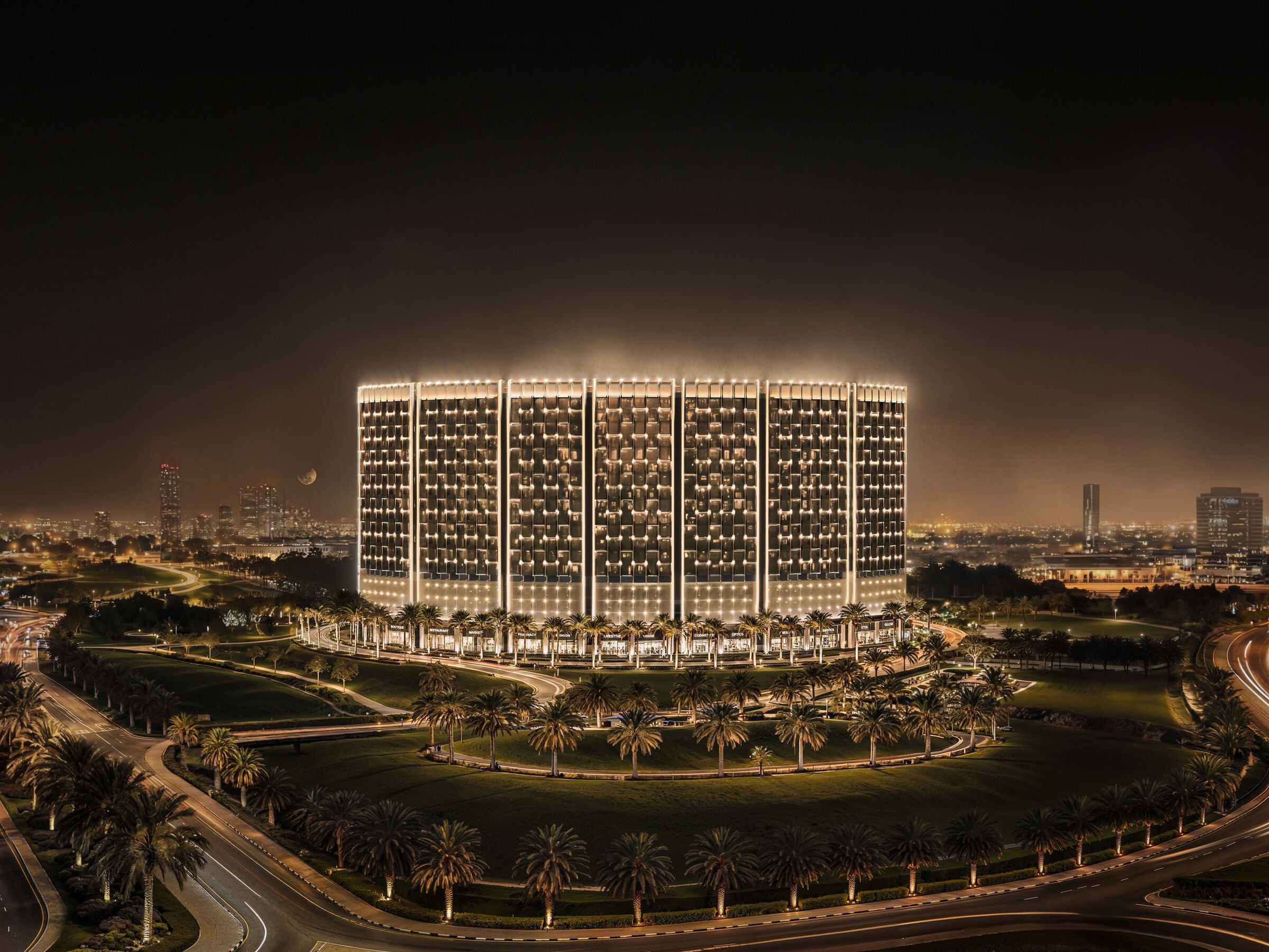 The building from the air with the tallest tower on the horizon